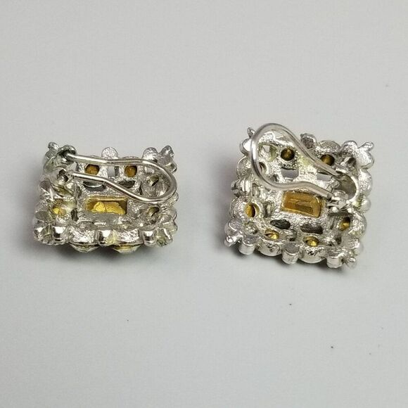 Vintage Rhinestone Cluster Clip On Earrings, Silver Tone Square Shape, Retro - Picture 4 of 8
